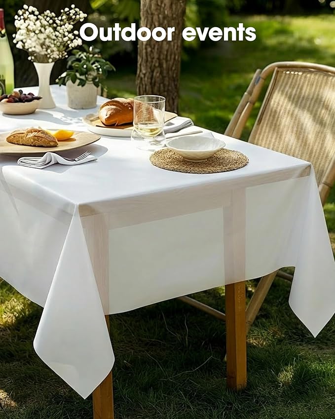 Pureegg Plastic Table Cloth Disposable 12 Pack, 54 x 108 Inch Table Cloths, Party, Picnic, Wedding, Decorative Tablecloths, Rectangle, White Plastic Cover, Leakproof & Sturdy, White