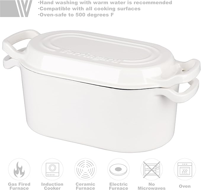 Oval Dutch Oven Pot with Lid, Enamel Coating Cast Iron Bread Pans for Homemade Sourdough Bread Baking, Cooking, 4 Quart, White