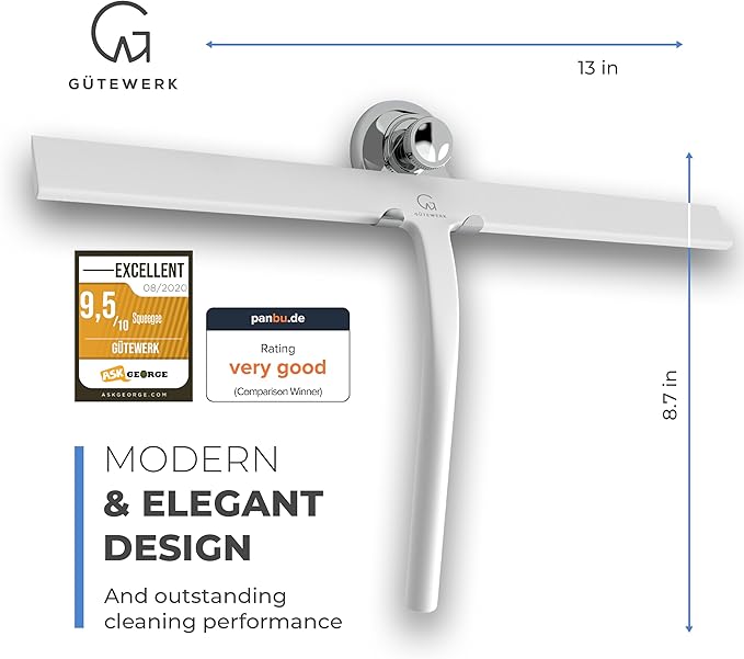 G횥TEWERK Shower Squeegee for Glass Doors, Silicone Window Squeegee, Bathroom and Glass Cleaning - White - 15 Inch