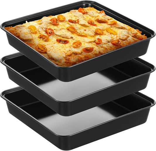 RimCereal 3 Pcs Detroit Style Pizza Pan 10 x 10 x 1.8 Inch Non Stick Rectangle Deep Pizza Pans Pre Seasoned Carbon Steel Sicilian Style Pan Dish Bakeware Kitchenware