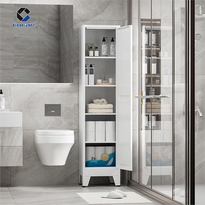 COFaR 67'' Tall Slim Bathroom Storage Cabinet, Metal Narrow Bathroom Cabinet with 4 Adjustable Shelves and One Door, Skinny Cabinet Storage for Kitchen Laundry, White Farmhouse 5 Tiers