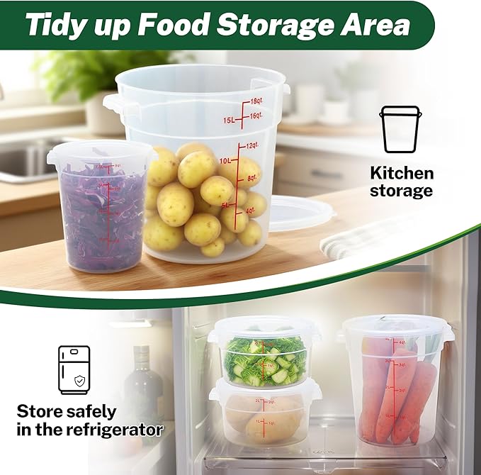 Round Food Storage Container with Lid, 4 Qt Translucent, Commercial 4 Pack of ??NSF Listed, BPA-Free, Polypropylene, Non-Stick, Scale, with Labels & Measuring Cups