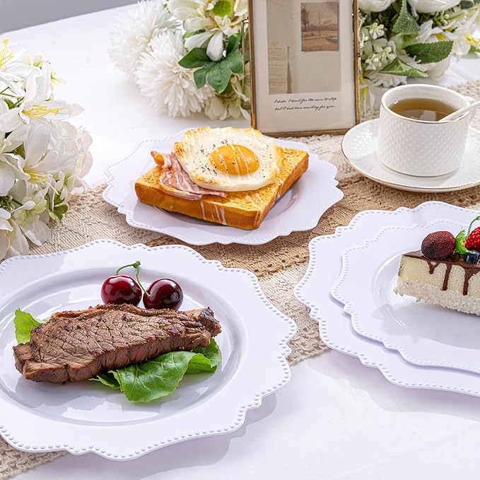 COLOSUS 60PCS White Plastic Plates for 30 guests-Fancy Plastic Beaded Plates,Disposable Christmas plastic plates,Include 30 PCS 10.5" Dinner Plates & 30PCS 8.25" Dessert-Platos for Christmas