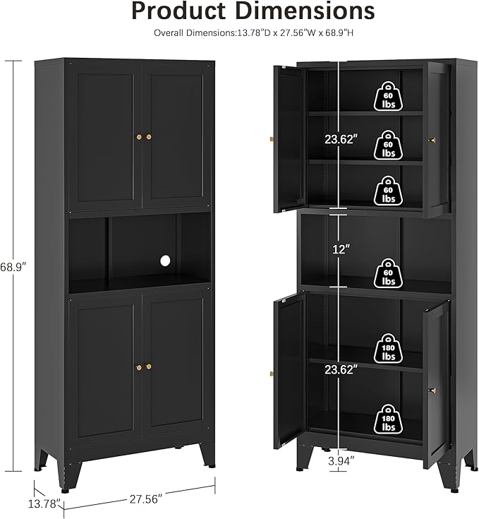 69"H Black Pantry Kitchen Cabinet with Microwave Stand,Black Metal Storage Cabinets,Freestanding Pantry Cabinet,Farmhouse Food Storage Cabinets,Tall and Large Pantry Cabinets for Kitchen, Dining Room