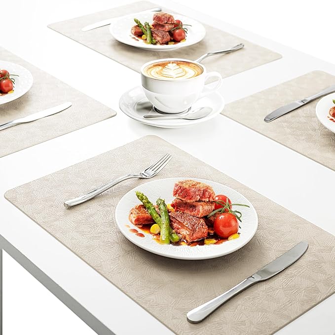 Uolr Vinyl Placemats Set of 4 Faux Leather 100% Waterproof Wipeable Washable Place Mats Heat Resistant Easy Clean Non-Slip Table Mats for Indoor Outdoor. (4,Beige)