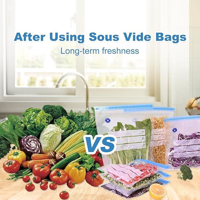24 PCS 10"X13.5" Sous Vide Bags Vacuum Zipper Sealer Bag for Food, Reusable Vacuum Food Sealer Bags with Sealing Clips for Sous Vide Cooking,Freezer Safe,Microwave Heating and Food Storage