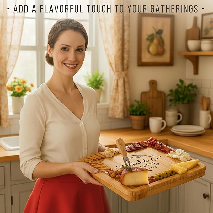 Personalized Bamboo Charcuterie Board Set with Accessories ??Large Serving Tray with Knives & Smooth Surface for Cutting or Serving, Present for Wedding, Christmas, Anniversary, Housewarming Gift