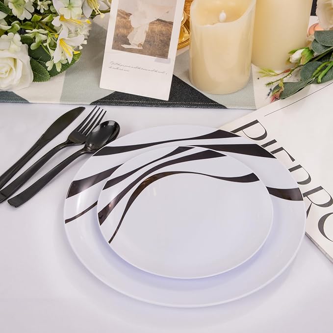 EI 60pcs Black and White Plastic Plates for Party,Black Rim Disposable Plates,Fancy Plastic Dinner Plate,Disposable Dessert Plate for Famiily Event,Wedding,Afternoon Tea,Business Events,Hotel