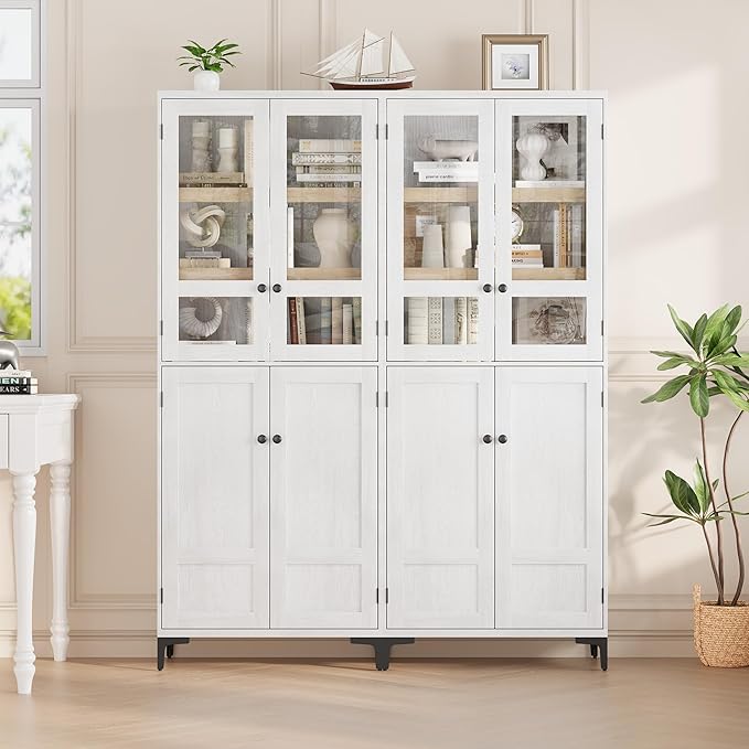 IDEALHOUSE Tall Storage Cabinet with Glass Doors, 71" Height, Adjustable Shelf, Light Oak Wood, Multi-Purpose Organizer for Kitchen Pantry and Bathroom (Oak White, 4 Doors with Glass)
