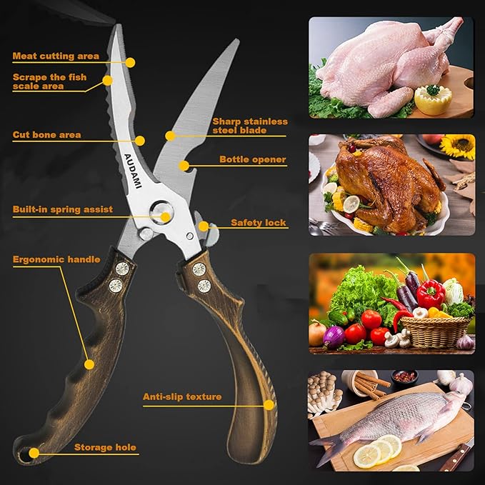 AUDAMI Premium Kitchen Shears 2-Pack Heavy Duty Poultry & Meat Scissors, Bone Shears for Cooking