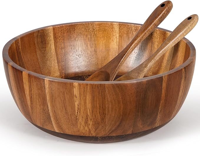 Wooden Salad Bowl Set 11.8 Inch ??Acacia Large Wood Salad Bowl with Wooden Serving Utensils, Big Salad Bowls for Fruits, Food Serving & Hosting Family Gatherings