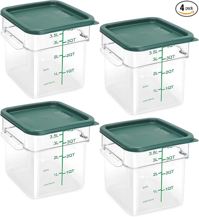 4 Pack Food Storage Containers with Green Lids, 4.0 Qt - Square, Clear, Polycarbonate, for Restaurant Commercial Kitchen and Home party