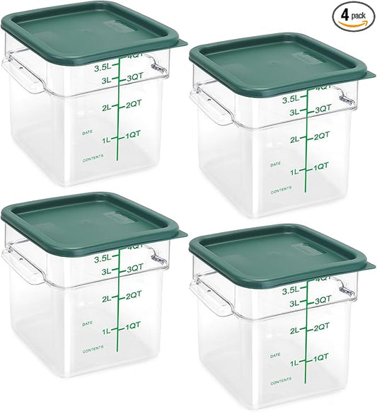 4 Pack Food Storage Containers with Green Lids, 4.0 Qt - Square, Clear, Polycarbonate, for Restaurant Commercial Kitchen and Home party