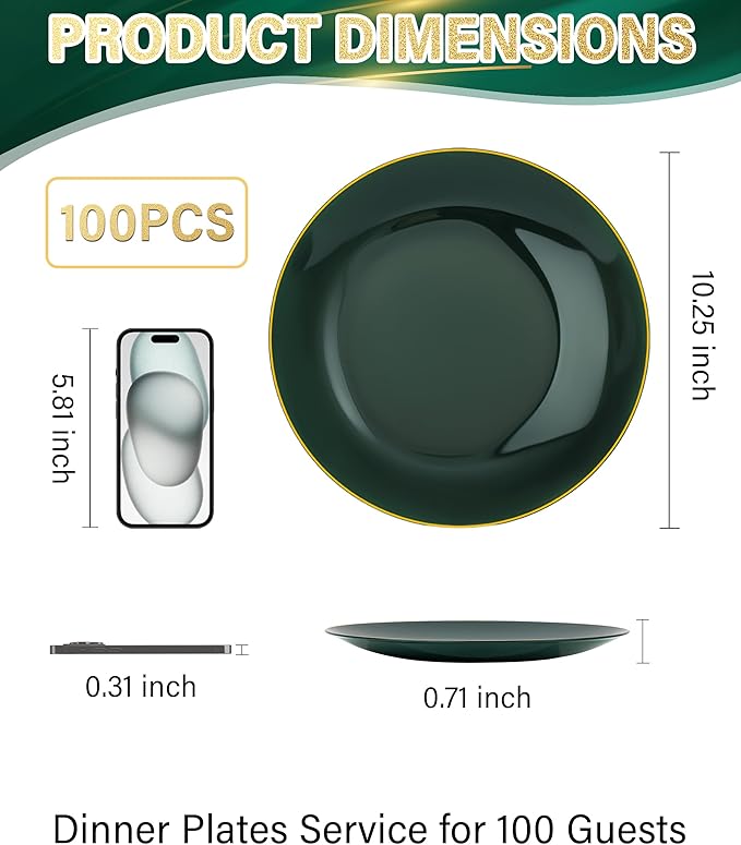 Nervure 100Pcs Green and Gold Plastic Plates - 10.25inch Disposable Green Dinner Plates - Heavy Duty Plastic Plate Ideal for Wedding & Party