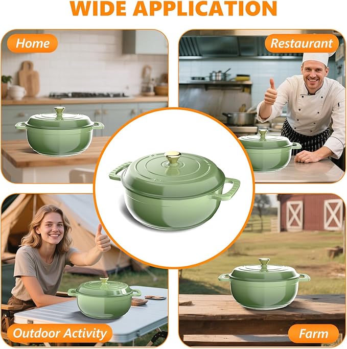 Bonnlo 6QT Round Dutch Oven, Enameled Cast Iron Dutch Oven Pot with Lid & Dual Handles, Oven Safe Up to 500째 F, for Sourdough, Bread Baking, Stews and Roasting, Green