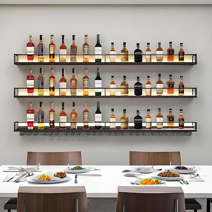 Metal Wall Mounted Wine Rack with LED Light, 3 Tiers Liquor Bottles Floating Shelves with Glass Holder, Wine Shelf Industrial Bar Shelves for Home Bar Dining (Black, 160cm/63in)