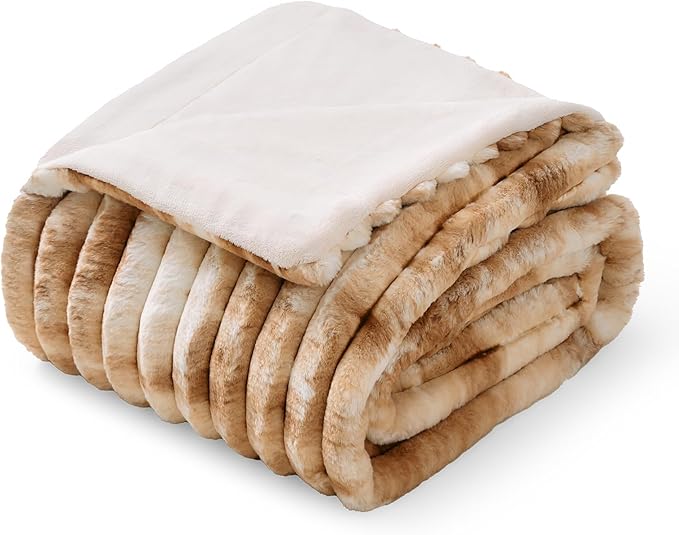 Am챕lie Home Faux Fur Throw Blanket for Couch, Cozy Fuzzy Fluffy Fur Luxurious Soft Striped Plush Gift Blankets for Family Sofa Chair Bedroom, 55"x70", Tie-dye Khaki