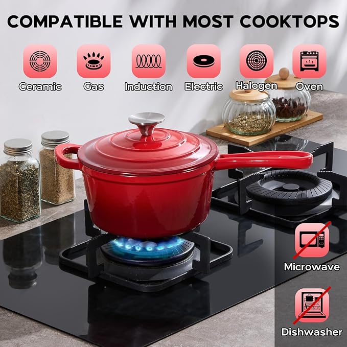 Onader Enameled Cast Iron Sauce Pan, 1QT Small Saucepan with Lid, Cast Iron Sauce Pot Enamel Dutch Oven, Nonstick & Heavy Duty ??Red