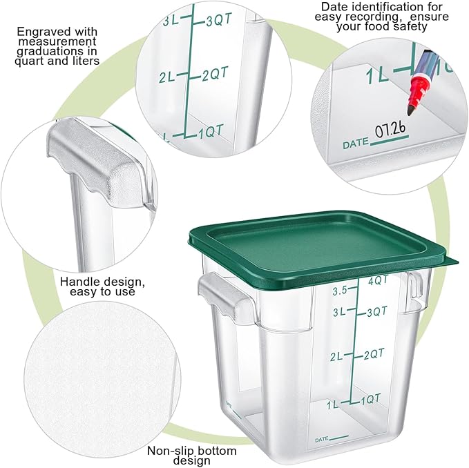 Maxcheck 4 Pcs 4qt Food Storage Container with Lids Bulk Clear Commercial Food Storage Bins with Scale Handle Space Saving Restaurant Tubs for Kitchen Prep Proof Dough Marinating Meat(Red, Green)