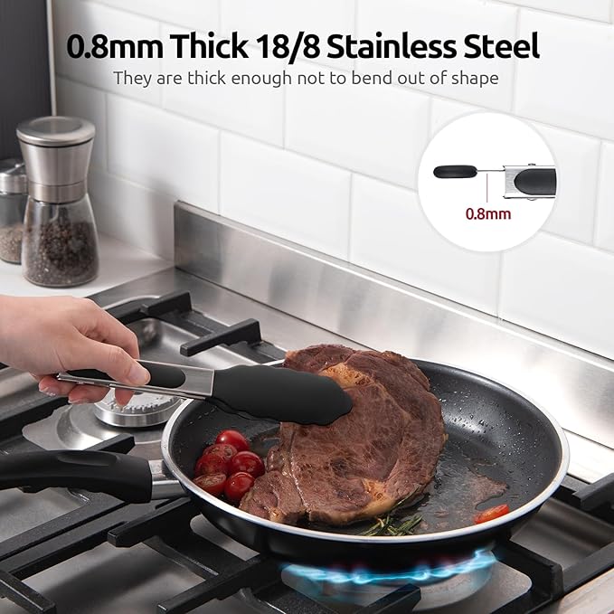 600쨘F Heat Resistant Kitchen Tong: U-Taste 7 inch Silicone Cooking Tong with Firm Sealed Non Stick Rubber Tips & Silicon Coated 18/8 Stainless Steel Handle & Smooth Locking for Serving Salad (Black)