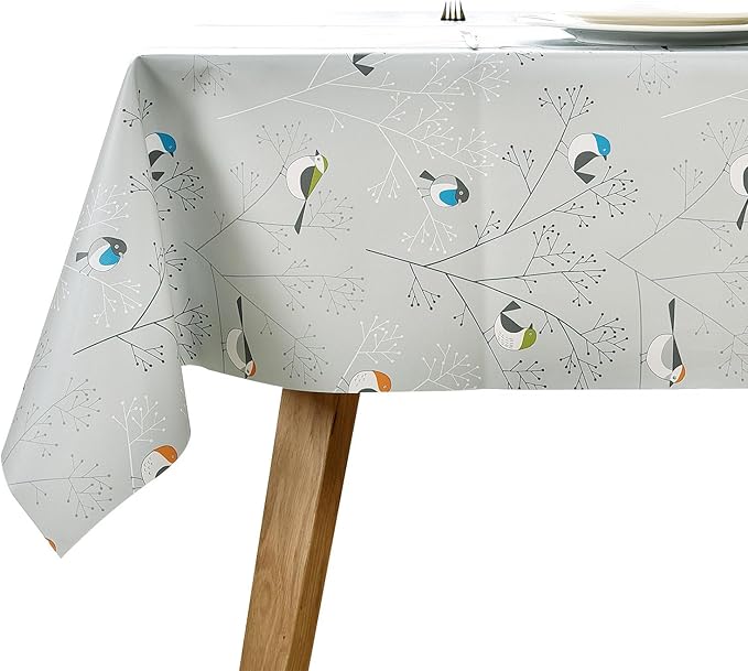Vinyl Oilcloth Tablecloth Small Rectangle Peva Vynle Wipeable PVC Waterproof Plastic Spill Proof Tablecloths Weights for Outdoor Picnic Camping - 6Ft Bird Tablecloth Silver Grey 54 x 72 Inch