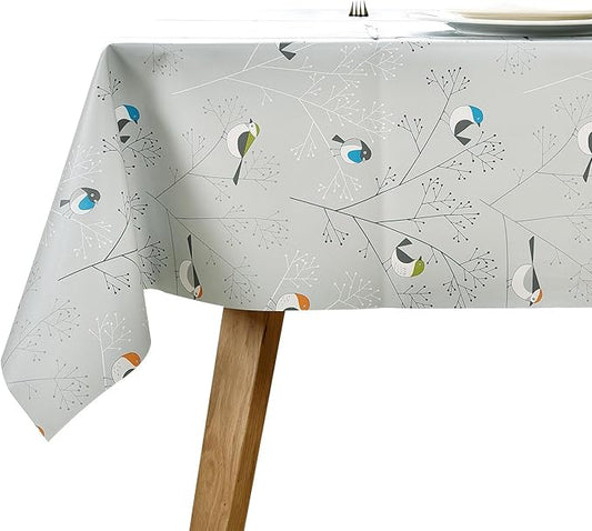 Vinyl Oilcloth Tablecloth Small Rectangle Peva Vynle Wipeable PVC Waterproof Plastic Spill Proof Tablecloths Weights for Outdoor Picnic Camping - 6Ft Bird Tablecloth Silver Grey 54 x 72 Inch