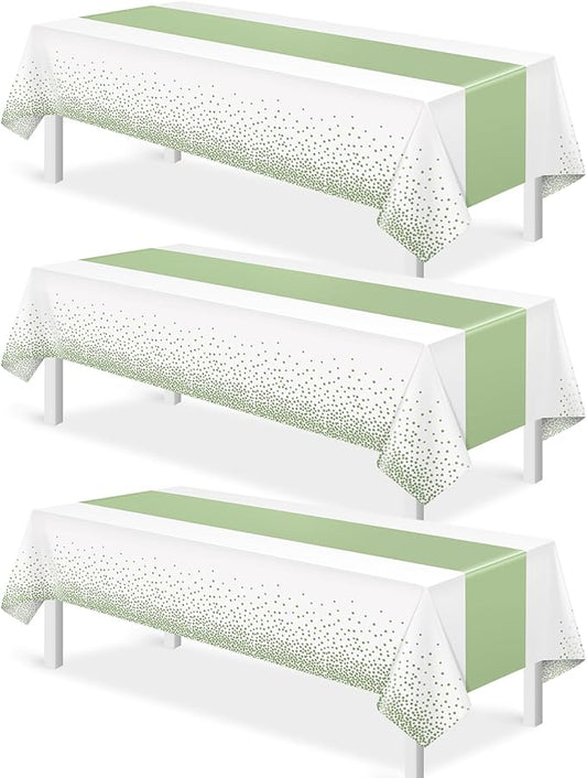 3Pcs White and Sage Green Tablecloth Decorations,Plastic White Table Cloth Printed Green Table Runner Disposable Rectangle Tables Cover for Birthday Wedding Anniversary Graduation Party,54 x108 Inch
