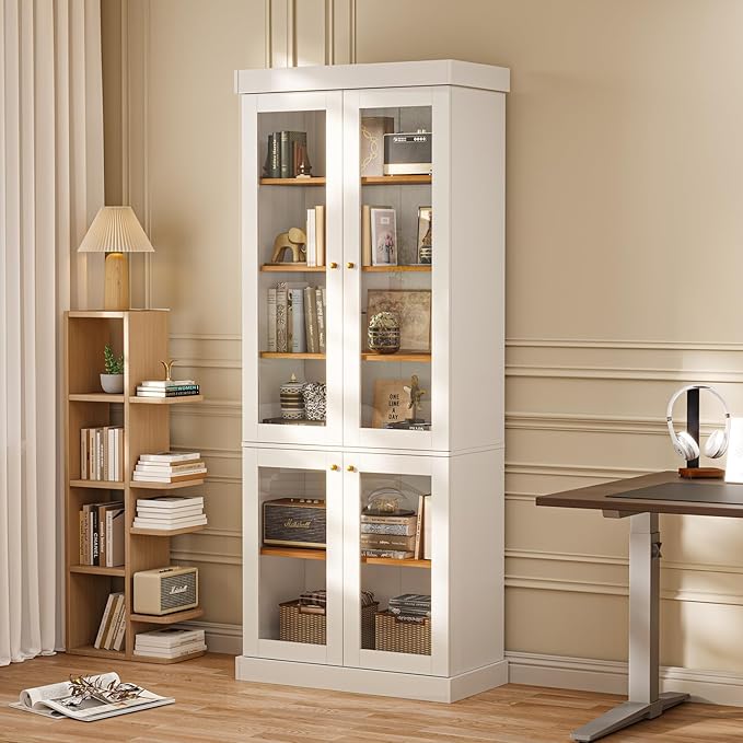 Vyre 70.8" Tall Farmhouse Bookshelf with Glass Doors, Modular Bookcase with 6-Tier Adjustable Shelves, Large Storage Cabinet for Kitchen, Living Room, White, Set of 3