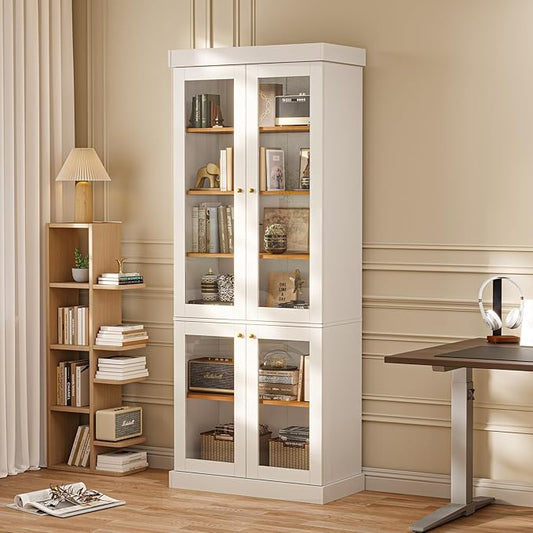 70.8" Bookshelf with Glass Doors, Farmhouse Modular Bookcase with 6-Tier Adjustable Shelves, Large Storage Cabinet for Living Room & Home Office, White