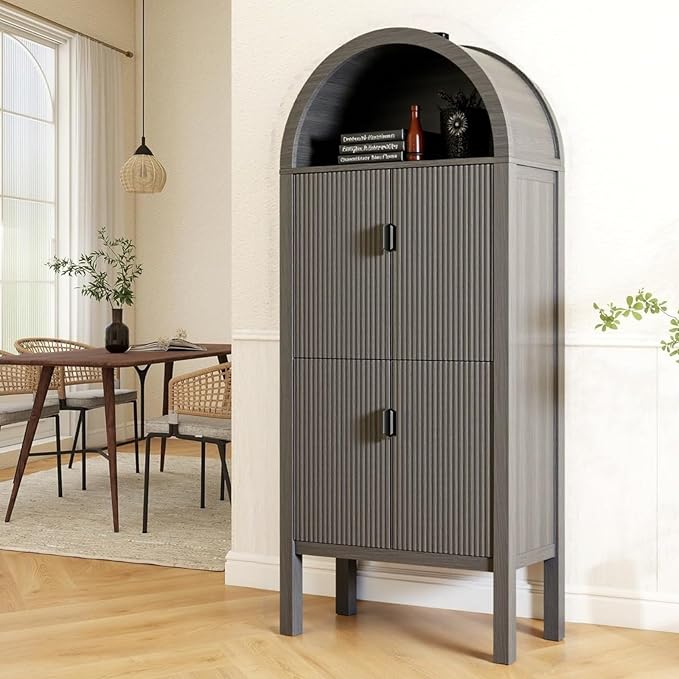 71" Tall Arched Fluted Storage Cabinet - Modern Pantry Cabinet with 4-Tier Shelves, Open Display & Sealed Storage, Accent Sideboard for Living Room Kitchen Dining Room (Dark Gray)
