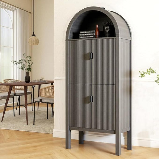 71" Tall Arched Fluted Storage Cabinet - Modern Pantry Cabinet with 4-Tier Shelves, Open Display & Sealed Storage, Accent Sideboard for Living Room Kitchen Dining Room (Dark Gray)