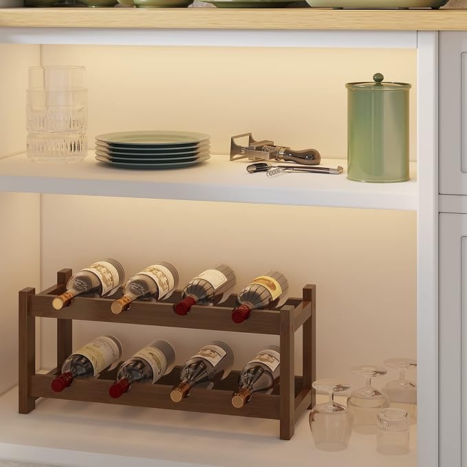 BAMEOS Bamboo Wine Rack, 2 Tier Wine Racks Countertop Storage, Wine Bottle Holder Wine Rack freestanding Floor for Kitchen, Bar, Pantry, Wine Cellar, Basement,Study竊똌aroon (16.85 L x 9.25W x 7H)
