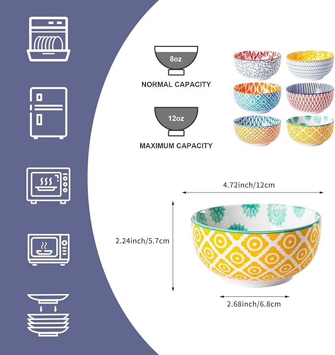 Cerkik Ceramic Dessert Bowls Set - Small 11 Oz Porcelain Ice Cream Bowls for kitchen - 4.7 Inch Cereal Bowls for Salad, Fruits, Ramen - Microwave Dishwasher Safe - Set of 6 - Assorted Colors