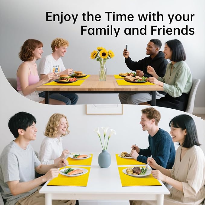 Blue Forest | Rectangular Faux Linen Placemats Set of 4 | Dual- Layered Thickened for Durability | Heat Resistant | Machine Washable | Wrinkle Free for Easy Care Indoor/Outdoor Use - Bright Yellow