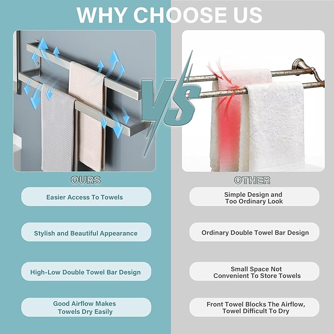 Alise Double Towel Bar 24", SUS304 Stainless Steel Towel Racks for Bathroom Wall Mounted, Heavy Duty Bathroom Towel Holder, Space Saving Towel Hanger, Brushed Nickel