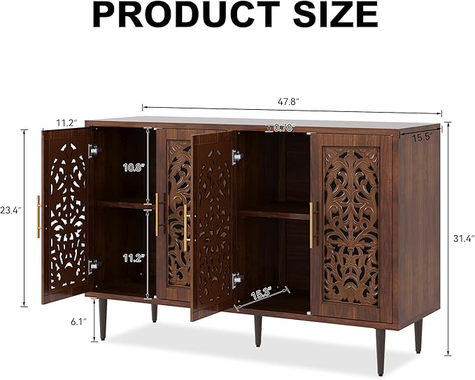 ARTPOWER 47.8" Accent Cabinet with 4 Doors, Vintage Hollow Carving Buffet Cabinet, Sideboards and Buffets with Storage, Credenza for Living Room, Kitchen, Dining Room, Entryway, Hallway, Brown