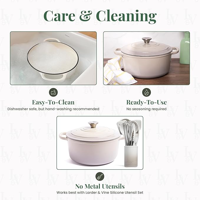 Larder & Vine Enameled Cast Iron 5.7 qt Dutch Oven Pot with Lid | Dutch Oven | Compatible on All Cooktops & Oven Safe to 500째 F | Great for Sourdough Bread | Stone