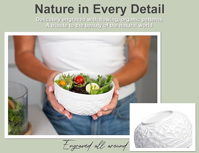 Ceramic Bowls for Kitchen with Nature-Inspired Engravings - Versatile Ramen Bowl Set for Pho, Chili, Oatmeal, Cereal, Rice, Fruit, Soup - Dishwasher, Microwave, Oven, Freezer Safe - 22 Oz, Set of 4