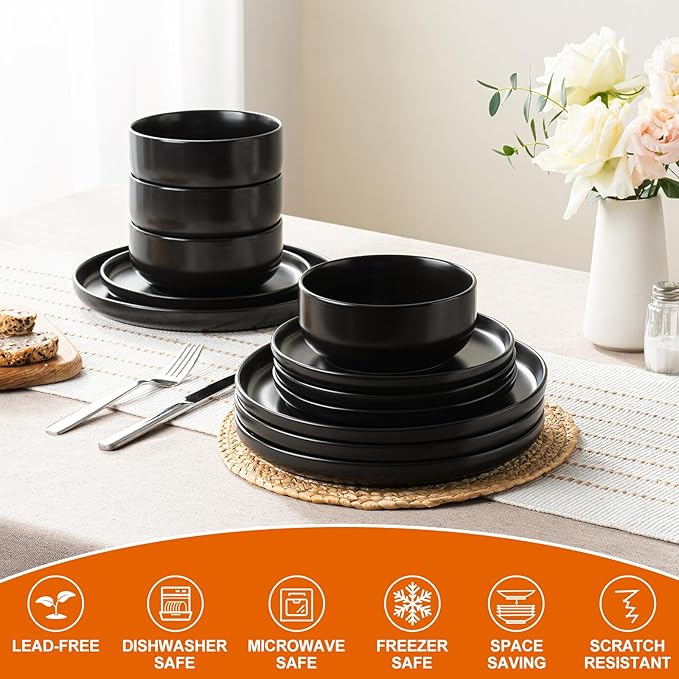 EWFEN Plates and Bowls Sets, Dinnerware Sets for 8, 24 Pieces Scratch Resistant Dishware Dishes Set, Ceramic Kitchen Dinner Set, Porcelain & Microwave and Dishwasher Safe, Black