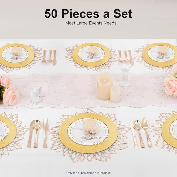 50pcs Gold Charger Plates, 13" Round Reusable Decorative Flower Relief Carving Bulk Chargers for Dinner Plates, Wedding, Bridal Shower