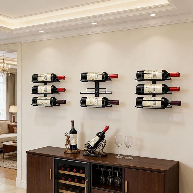 Modern Wall Mounted Wine Rack, Black Metal 9-Wine Bottle Holder for Wall Storage Display, Vertical Space Saving Design for Home Bar, Kitchen, Restaurant