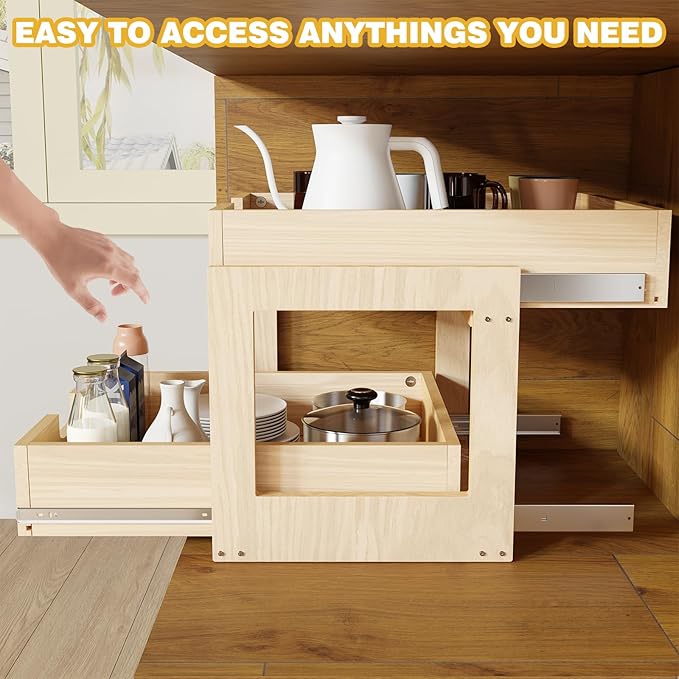 Pull Out Cabinet Organizer, 20''W횞21''D횞16''H Soft Close Slide Out Wooden Pull out Drawers, Double Tier Slide out Wood Cabinet Organizer, for Base Cabinet Organization in Kitchen, Pantry, Bathroom