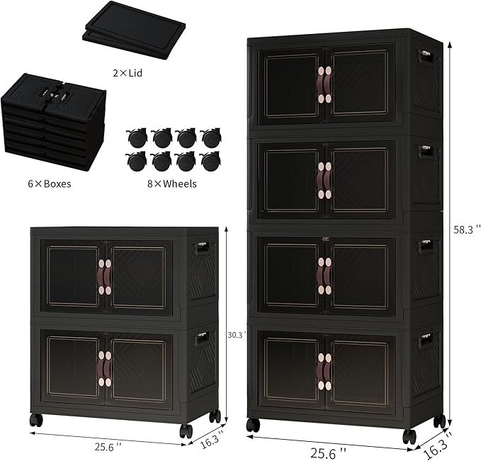Storage Bins with 2 Lids and Wheels, 660QT-110QT*6Tier Collapsible Bathroom Storage Cabinet with Clear Doors, Plastic Stackable Closet Organizers and Containers Black