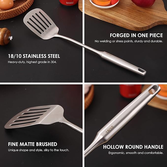 18/10 Stainless Steel Kitchen Utensils Set - 15??All Metal Cooking Tools & Serving Utensils, 8 PCS - Solid Spoon, Slotted Spoon, Spatula, Ladle, Skimmer, Tunner, Spaghetti Spoon, Large Spoon Set