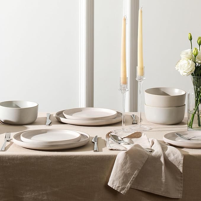 Earth & Clay Amber 24-Piece Dinnerware Set Stoneware, Dishwasher and Microwave Safe Plates and Bowls Set, Dish Set for 8, White Speckled
