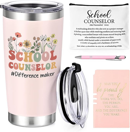 Lifecapido 4Pcs School Counselor Appreciation Gifts, 20oz Counselor Appreciation Insulated Tumbler with Lid & Straw, Makeup Bag, Notebook, Ballpoint Pen, Thank You Gifts for Educator Teacher(Pink)