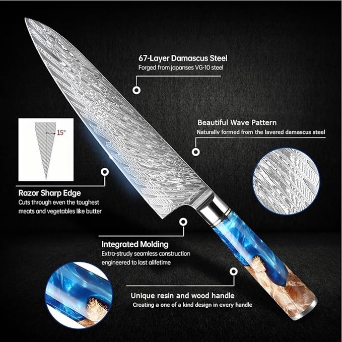 Epicurean Cook Damascus Kitchen Knife Set with VG10 Steel - 8-Piece Japanese Damascus Knife Set for Professional Performance - Ultra Sharp Chef Knives with Blue Resin Burl Wood Handles