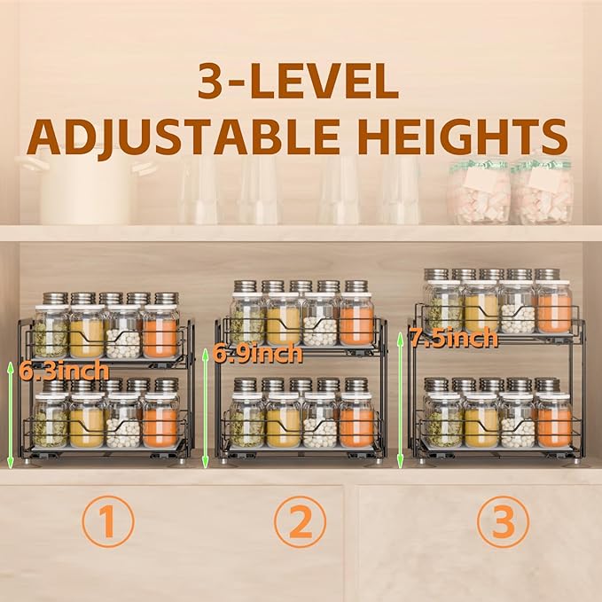 Spice Rack Organizer for Kitchen, Pull Out Spice Racks for Inside Cabinets, 2 Tier Spice Shelf Organization for Cabinet Seasoning, No Drilling Install for Home Kitchen Space Saving, 1 Pack