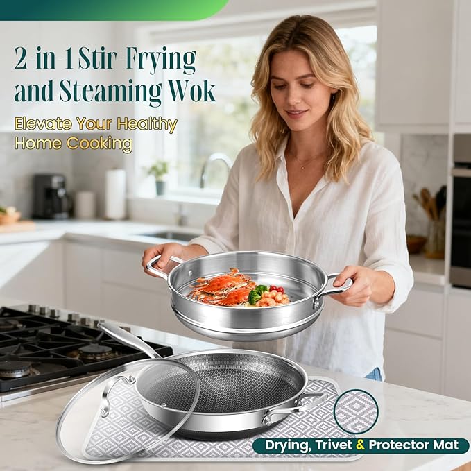 AOSION Hybrid 13 inch Stainless Steel Wok with Steamer, PFOA Free Cookware, Nonstick Wok Pan & Stir-Fry Pans with Lid and Draining Mat, Works on Induction, Dishwasher & Oven Safe
