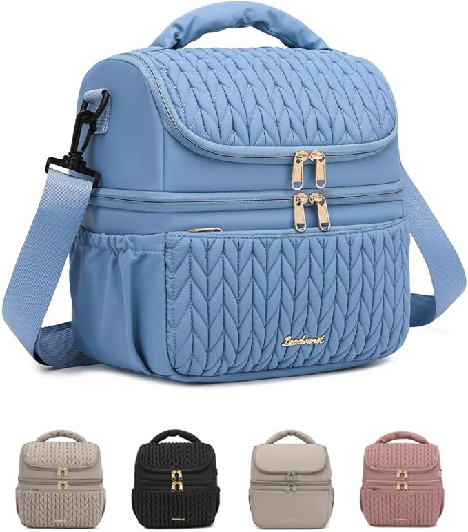 LEADVENST Lunch Bag Women, Double Deck Insulated Lunch Box - Large Capacity 12L with Detachable Divider for Tall Items, Leakproof, Durable & Reusable Cooler Bag For Work Picnic Travel, Quilted Blue